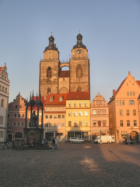 Sunset over the town square.