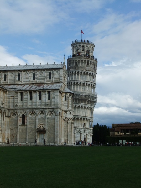 This shows the Tower's "lean" relative to the buildings near it.