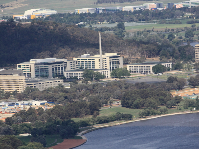 Affectionately known as 'The Eagle', the Australian-American Memorial is located in the forecourt of the Defence Offices in Russell. 
The memorial symbolises the deep gratitude felt by Australians to American service personnel for their assistance during World War II, and the close ties which were established during that conflict. The memorial stands 73 metres high.
http://www.visitcanberra.com.au/Things-to-do-and-see/Landmarks-and-architecture/Historic.aspx