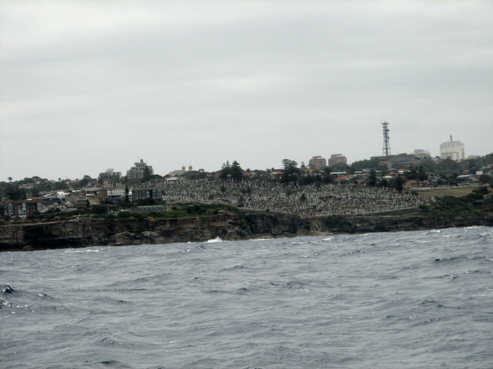 Waverly Cemetery, Eastern Suburbs, Sydney, from near the Entrance to Sydney Harbour, 9th Jan'13, 3pm
(Sorry about the angle - choppy seas, moving boat & don't have the appropriate tool to correct the photo with!)