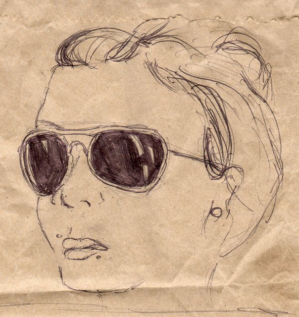 While we were at Mum's wake, my second daughter, Beth, doodled this drawing of her older sister, Chloe, on a brown paper bag. 'Just a scribble' she called it. I think it is amazing.