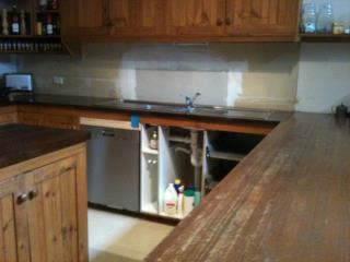 This is the almost finished sink area. Still much to do, but that is just about it for the structural work, now it is cosmetic. Note the blue square above the dishwasher-that will be the colour of the cupboards, the walls will be a light yellow