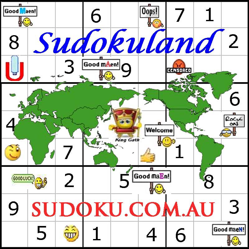 This "Flat" Map  overlays a 9x9 sudoku board.  The various smilies/avatars relate the various facets of Sudokuland.