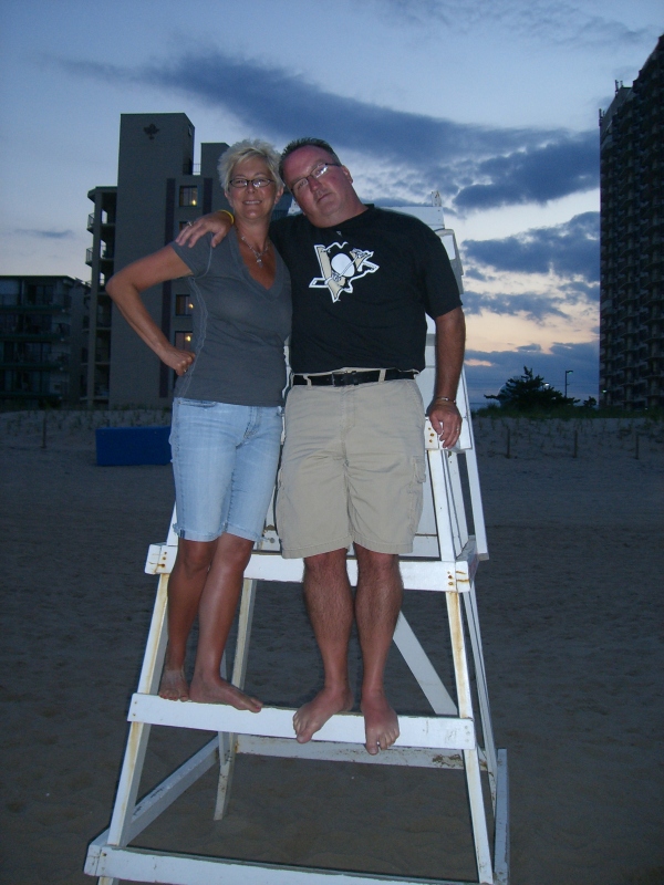 My husband Mark and me on a lifeguard chair in OCMD 2008.