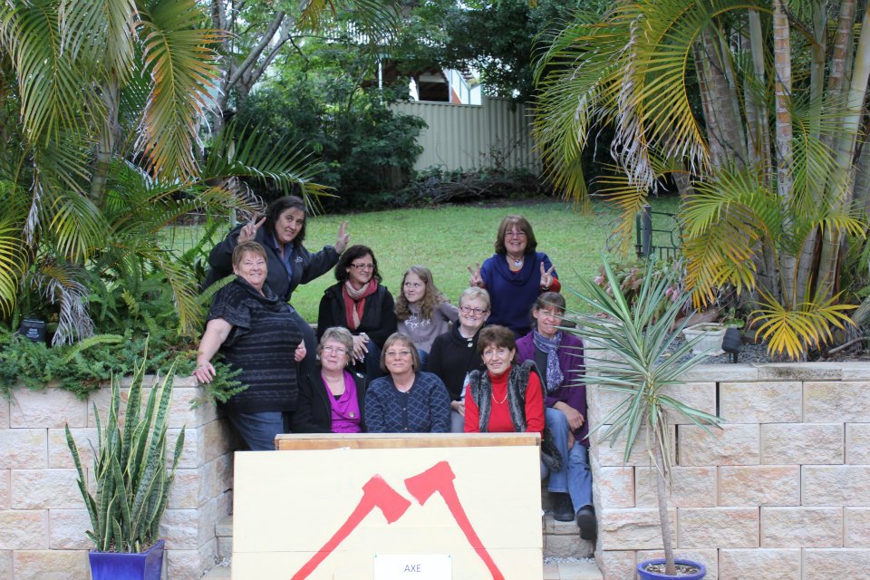 The Brisbane Chapter of Axe Murderers Anonymous - top L to R, Katitude, Madby3 and her daughter, CynB; Middle - k from Brissie (standing), Carmel and Martha; sitting at front - Vicki/Victoria, Rolanda and Broni