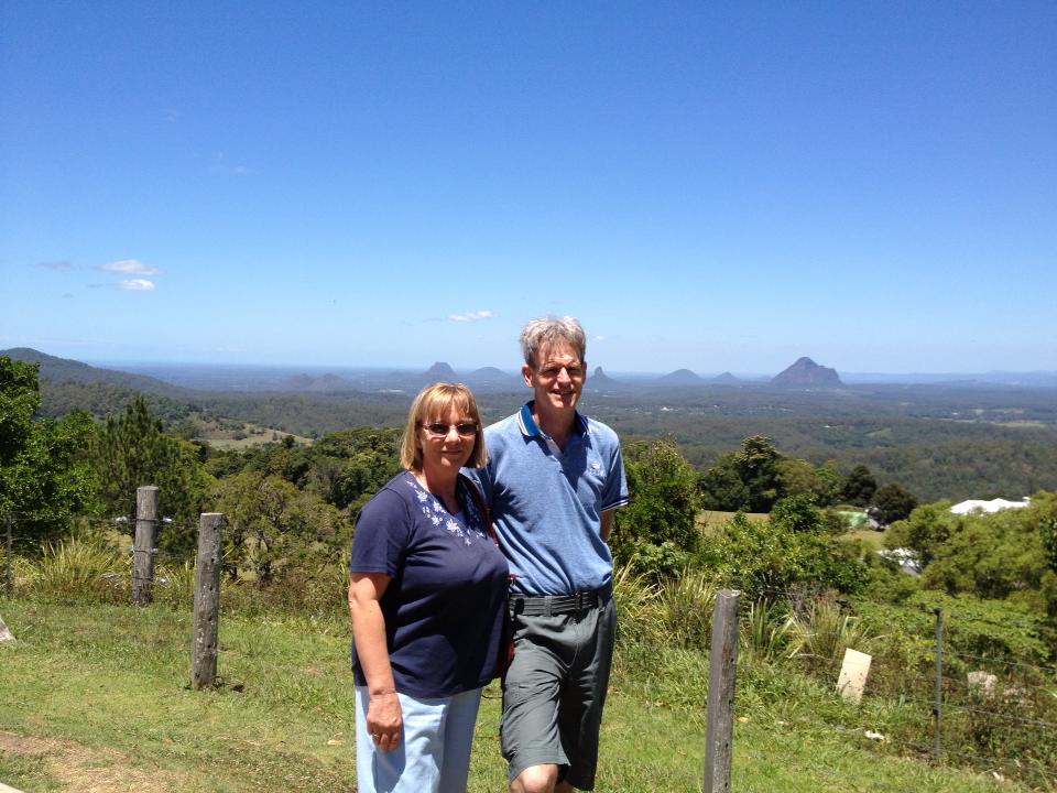 Rolanda and Peter overlooking the Glasshouse Mountains at Maleny.