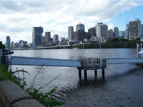 A City cat (ferry) is in front of the freeway.  Looking across from Southbank.