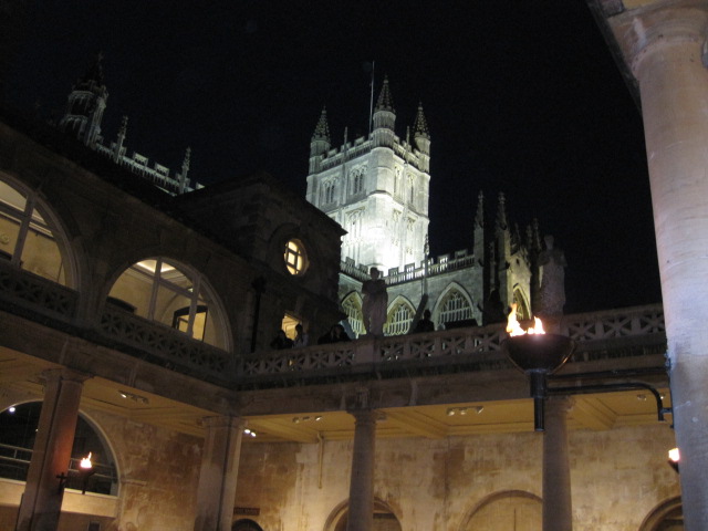 from inside the baths at night.