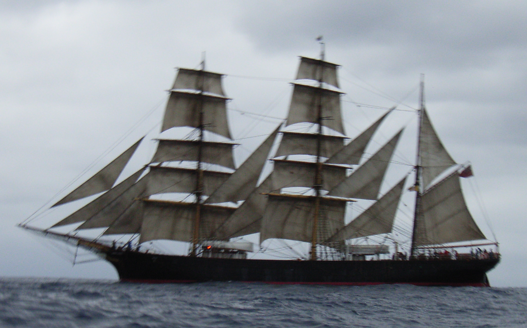 Barque James Craig at sea. Built in 1874, it is the world's only 19th Century barque taking the public to sea regularly! (fortnightly) Owned and restored by Sydney Heritage Fleet. Docked at Wharf 7, Pyrmont.