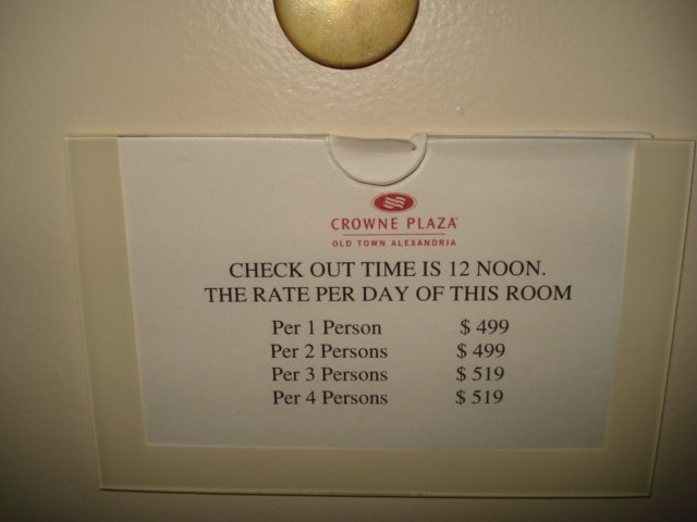 The sign on the back of our hotel room door. It was only a modest 3 star hotel too. Thank goodness we were on a package tour.