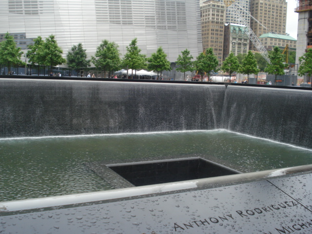 Here's the 911 ground zero memorial in the exact location where the twin towers stood. It has been beautifully done with cascading water that disappears down a hole in the centre. All the names of the dead are written around the edge.