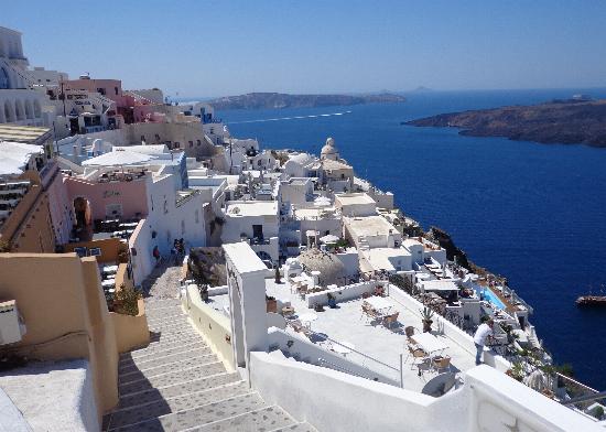 Built on the top of a very old volcano rim. Spectacular with all the white buildings.