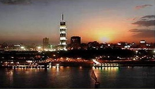 The Cairo Tower and the Nile at Night.