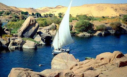 Clear blue water,Clear sky, Small boat and a Tour in the Nile of Aswan Egypt.