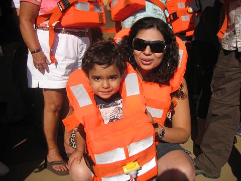  Kevin and his Mum ready to test the safety clothes on board of cruise.