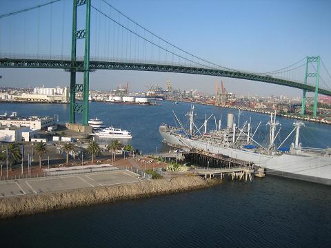 LA/CA Port and the high bridge crossing the port.