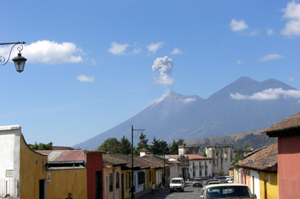 Antigua and a rumbling volcano (Fuero)in the distance. 